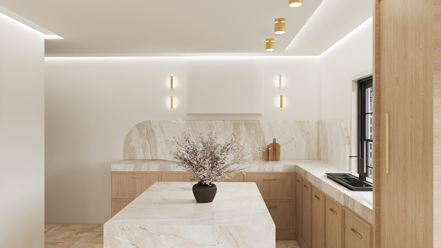 Modern kitchen with marble island and oak cabinetry