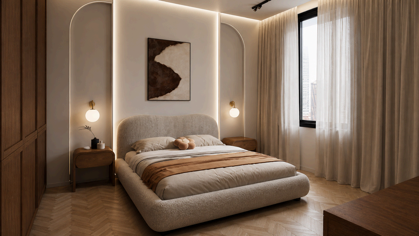 Bedroom with boucle bed, arched niches and herringbone floors