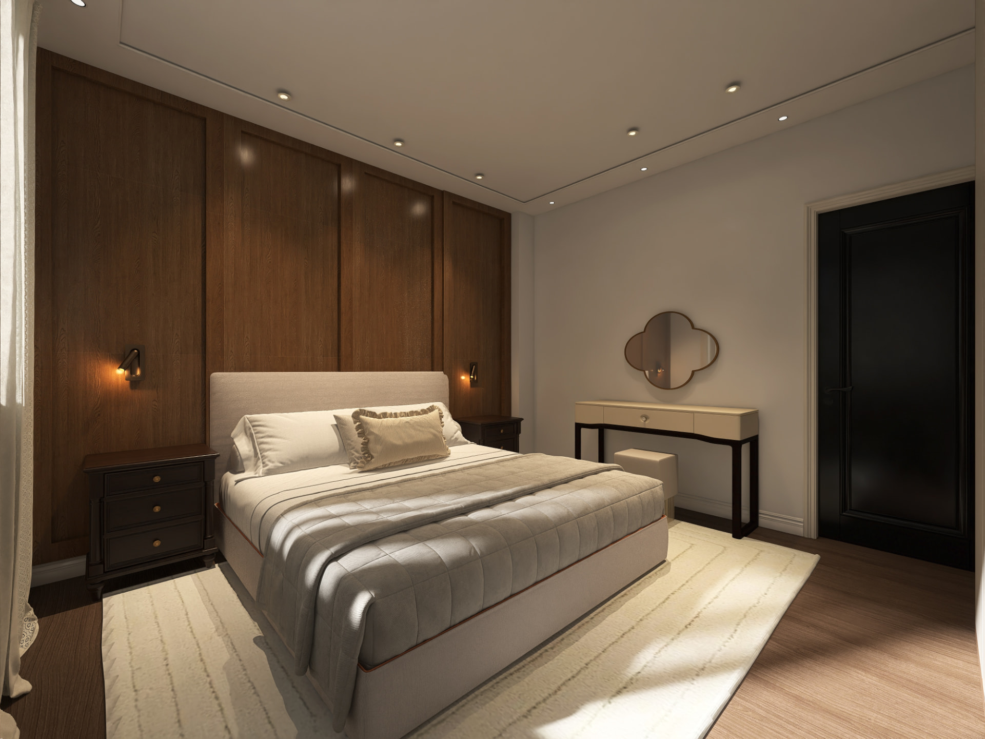Bedroom with full-height walnut panelling and quilted bedding